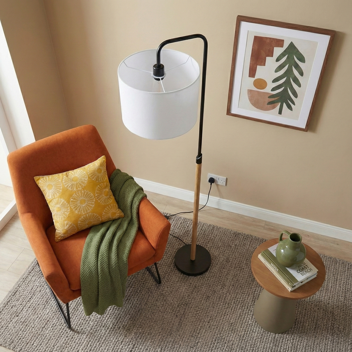 Lior Floor Lamp | Wooden Pole & White Drum Shade