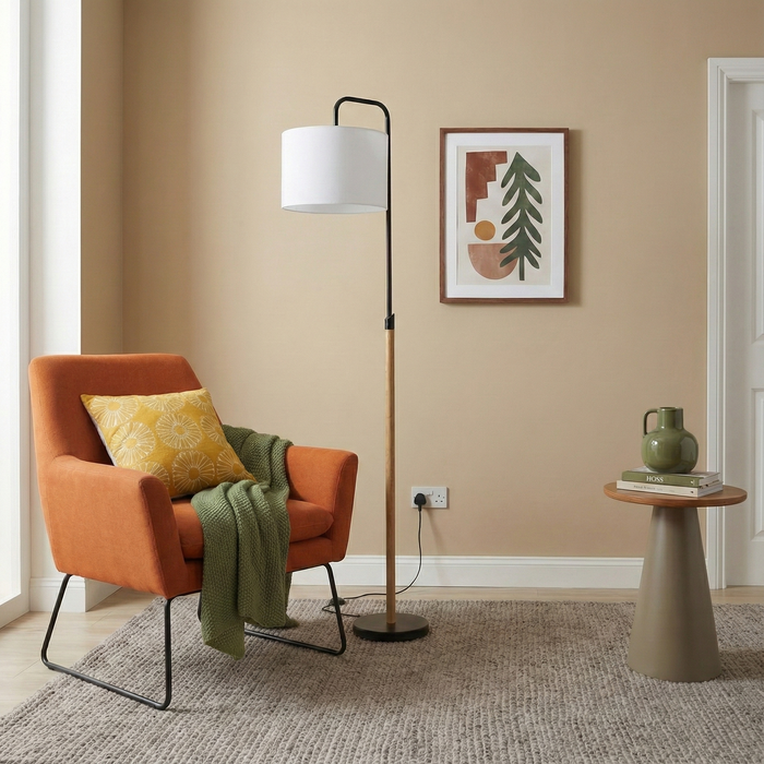 Lior Floor Lamp | Wooden Pole & White Drum Shade