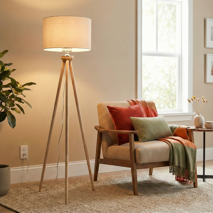 Lirios Floor Lamp | Natural Three-Legged Wood & Linen Shade