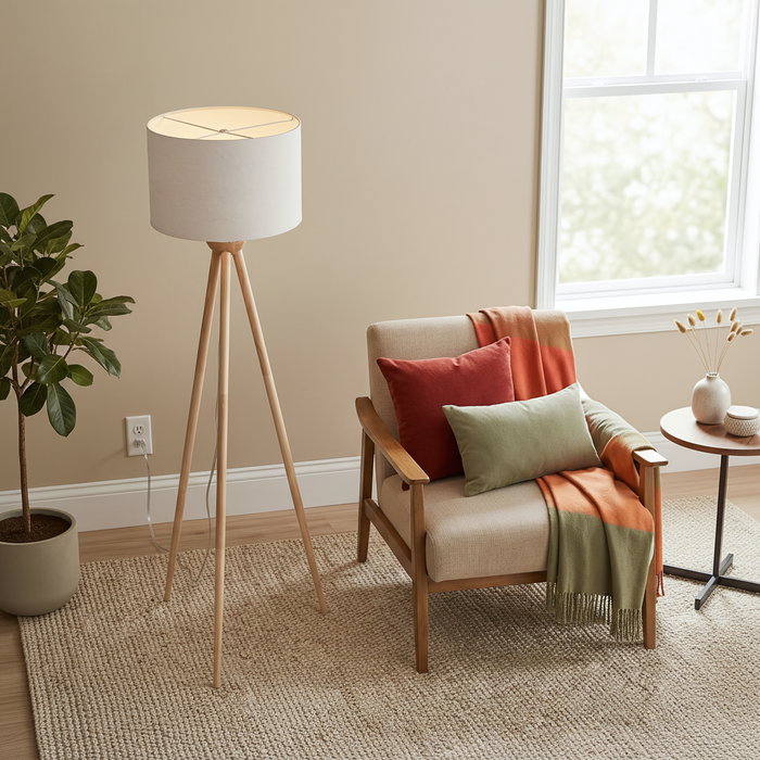 Lirios Floor Lamp | Natural Three-Legged Wood & Linen Shade