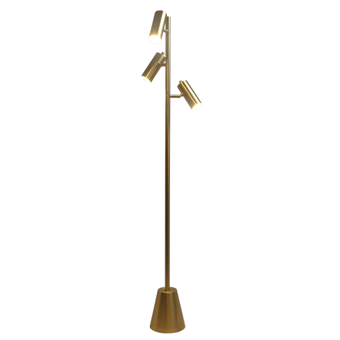 Lumina Brassed Gold Floor Lamp with Rotary Switch Triple Spots Metal Cone Base - West Lamp
