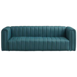 Mid-Century Modern Blue Genuine Leather Channel Tufted Square Arm Sofa