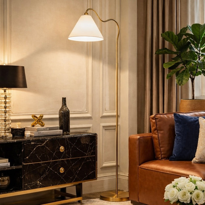Majestic Brass Ring Base Curved Floor Lamp | Triangle Drum Shade