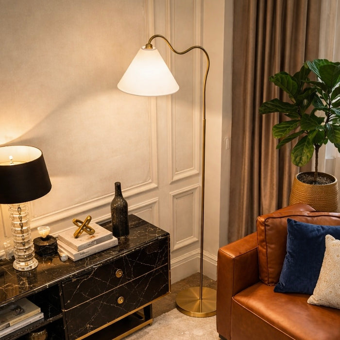 Majestic Brass Ring Base Curved Floor Lamp | Triangle Drum Shade