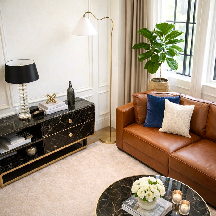 Majestic Brass Ring Base Curved Floor Lamp | Triangle Drum Shade