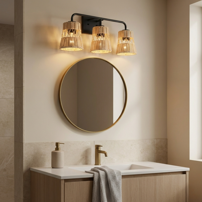 Moonlit Three Lights Wall Sconce With Rattan Shade, Bathroom Lighting Fixtures Over Mirror