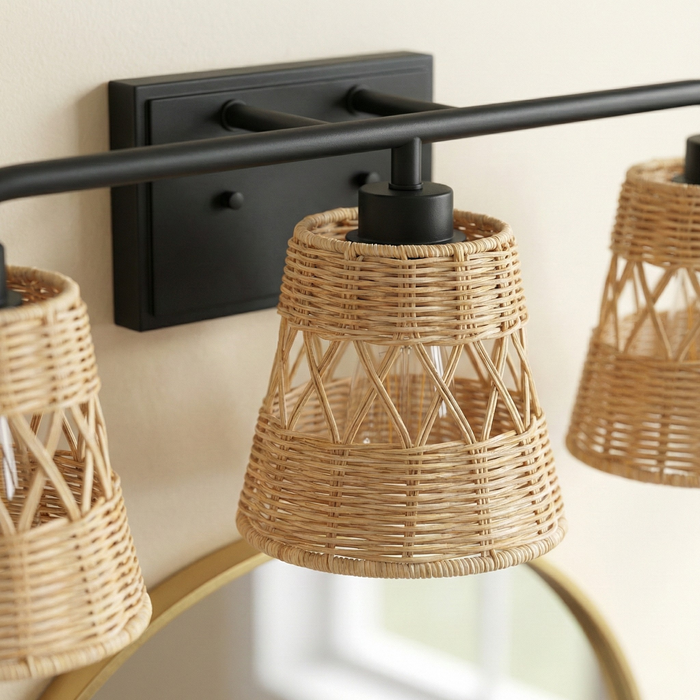 Moonlit Three Lights Wall Sconce With Rattan Shade, Bathroom Lighting Fixtures Over Mirror
