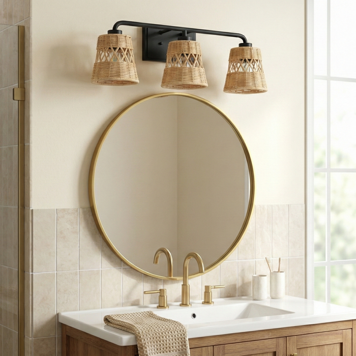 Moonlit Three Lights Wall Sconce With Rattan Shade, Bathroom Lighting Fixtures Over Mirror