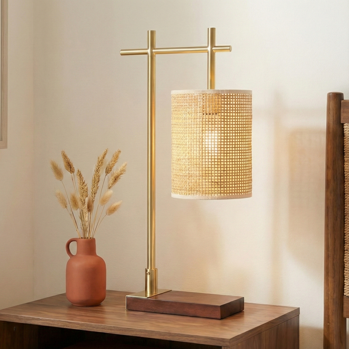 Moonstone Table Lamp | Dark Brown Bamboo & Bronze Base
