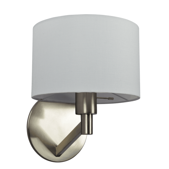 Nebula Brushed Nickel Base Wall Lamp with Rotary Switch White Fabric Shade - West Lamp
