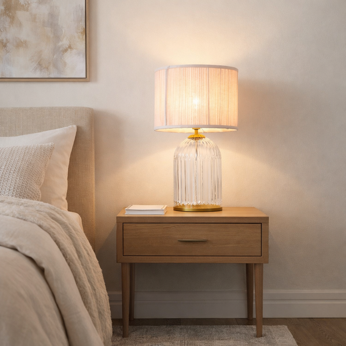 Nebulis Table Lamp | Gold Accents & Pink Pleated Shade