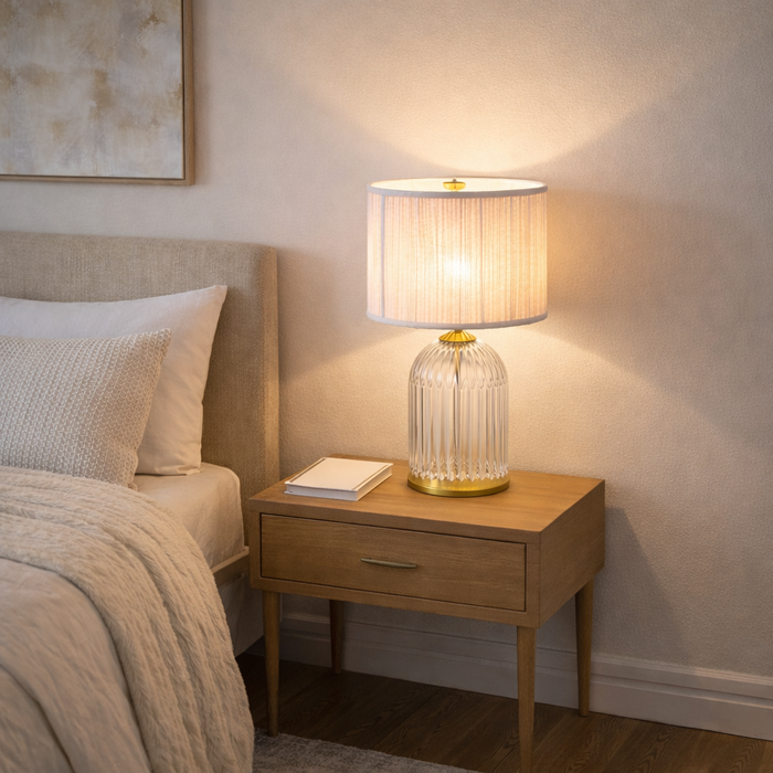 Nebulis Table Lamp | Gold Accents & Pink Pleated Shade