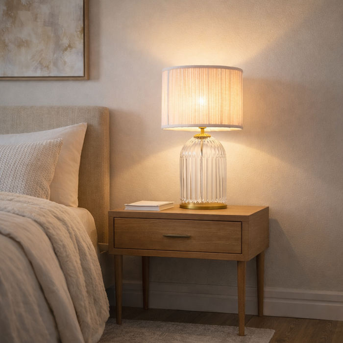 Nebulis Table Lamp | Gold Accents & Pink Pleated Shade