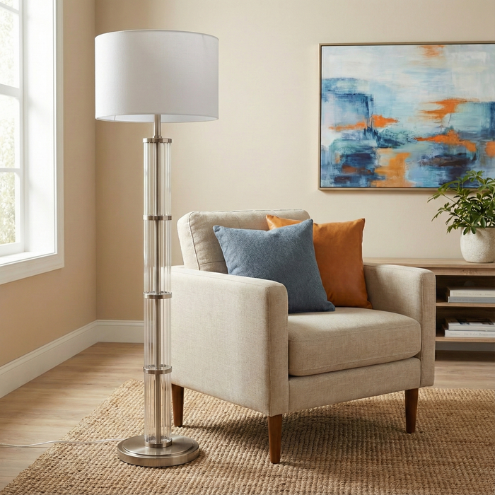 Nimbus Floor Lamp | Brushed Nickel & Clear Glass Body