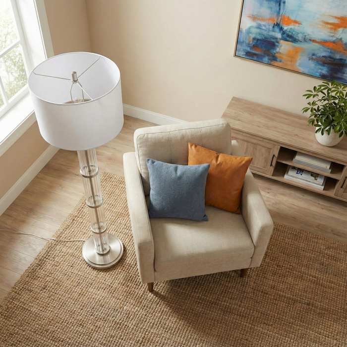Nimbus Floor Lamp | Brushed Nickel & Clear Glass Body