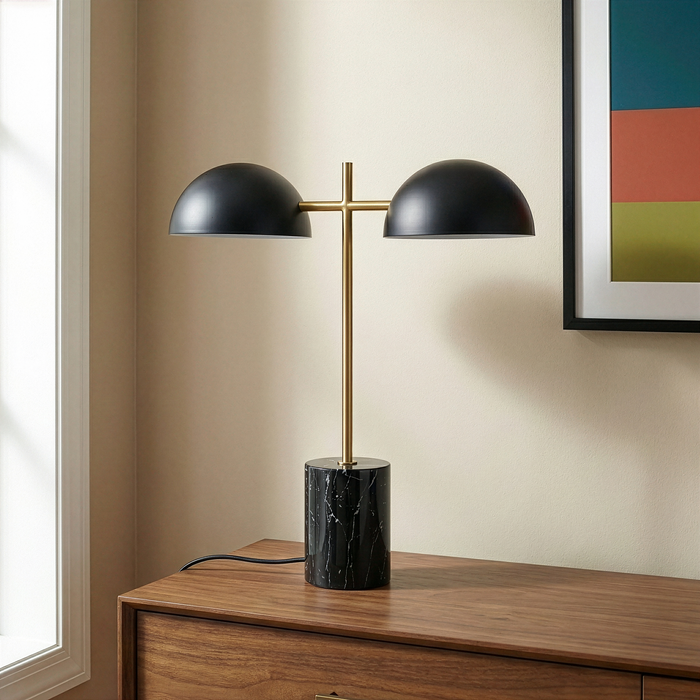Nova Hydro Black Table Lamp | Double Lamp & Faux Marble Base