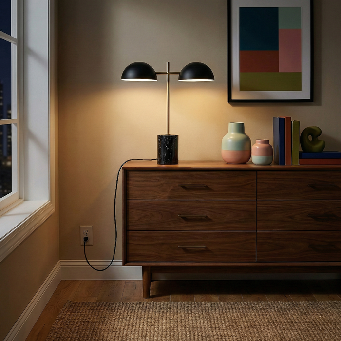 Nova Hydro Black Table Lamp | Double Lamp & Faux Marble Base