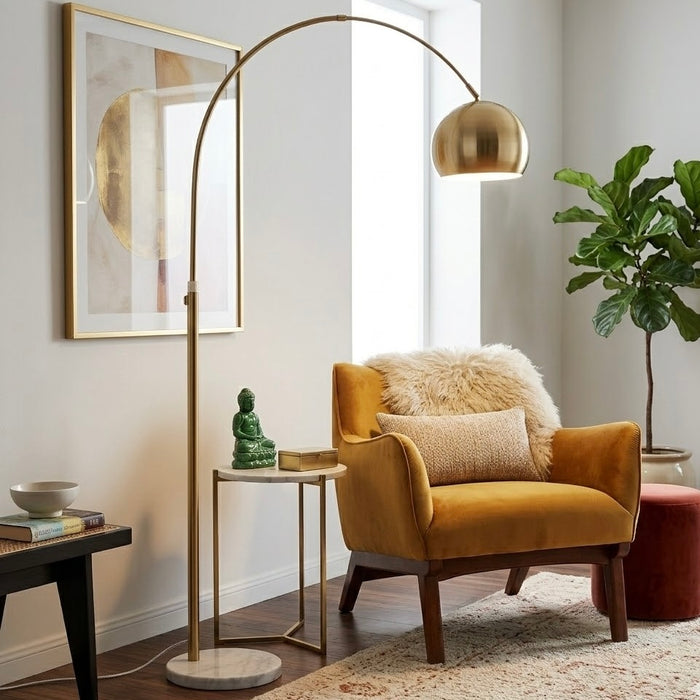 Oasis Long Arm Gold Brass Adjustable Floor Lamp | White Marble Base