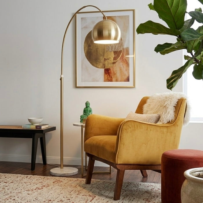 Oasis Long Arm Gold Brass Adjustable Floor Lamp | White Marble Base