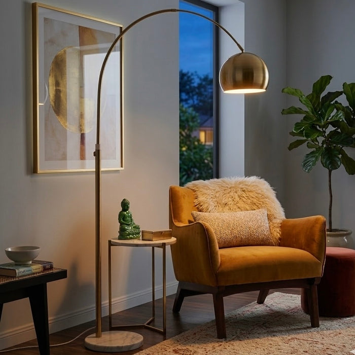 Oasis Long Arm Gold Brass Adjustable Floor Lamp | White Marble Base