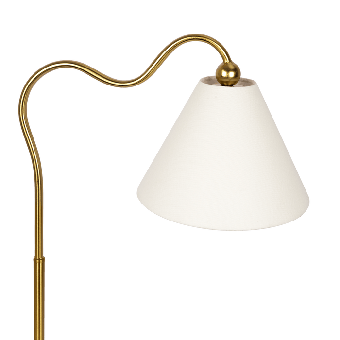 Ornate Brass Ring Base Curved Table Lamp with Triangle White Drum Shade - West Lamp