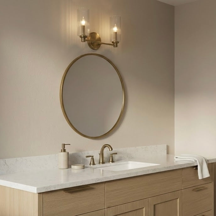 Regal Double Light Vanity | Satin Brass & Clear Ribbed Glass