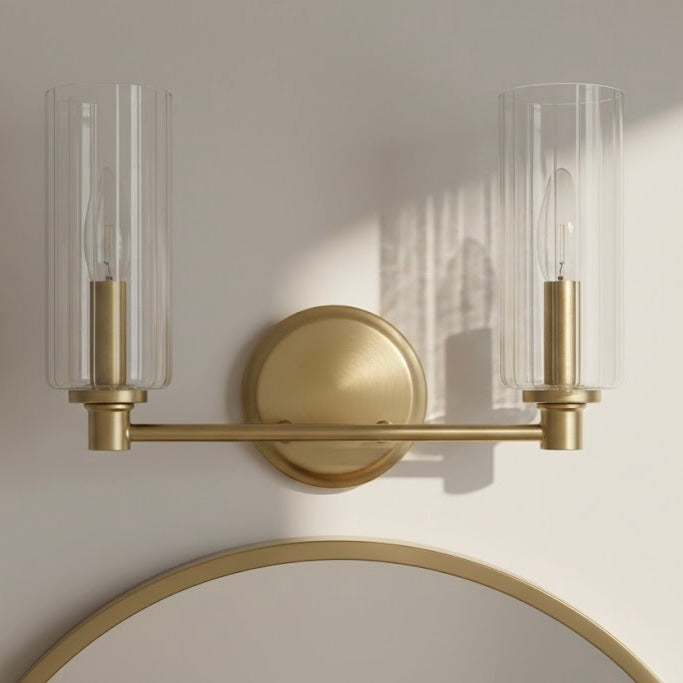 Regal Double Light Vanity | Satin Brass & Clear Ribbed Glass