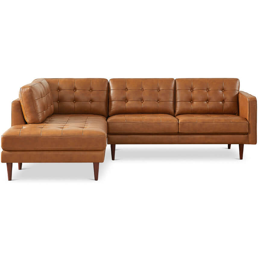 Lucco Mid-Century Modern Genuine Leather Sectional in Cognac Tan