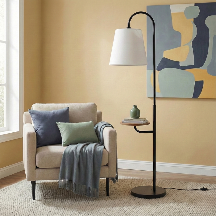 Seoul Black Floor Lamp | Integrated Wood Table & Metal Base