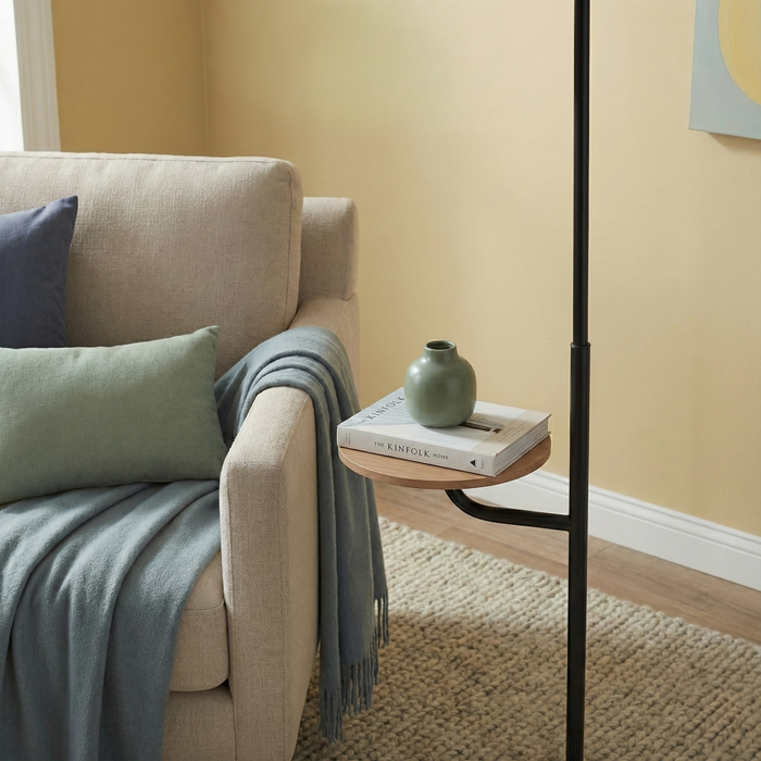 Seoul Black Floor Lamp | Integrated Wood Table & Metal Base