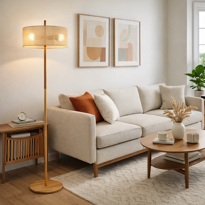 Lirian Floor Lamp | Oak Wood Finish & Natural Linen Shade
