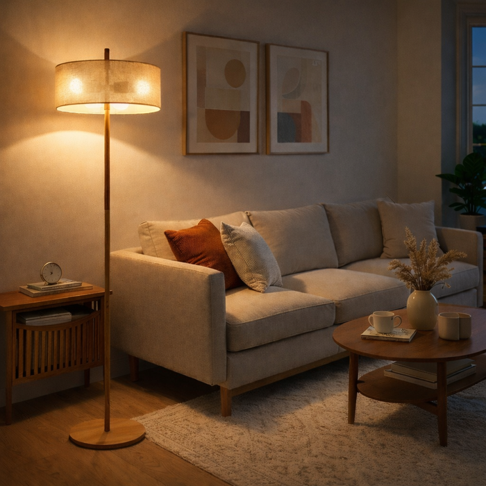 Lirian Floor Lamp | Oak Wood Finish & Natural Linen Shade