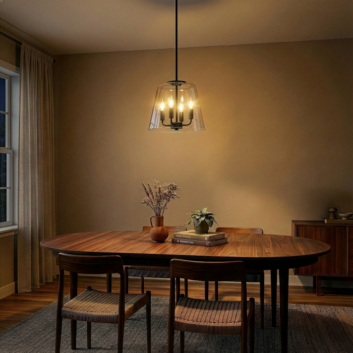 Soiree Four Candle Lights Pendant | Matte Black & Clear Glass