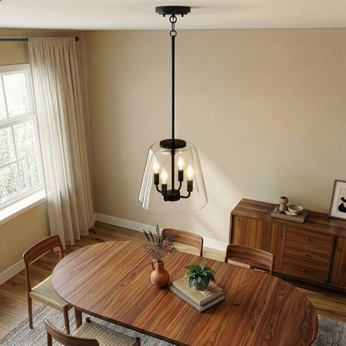 Soiree Four Candle Lights Pendant | Matte Black & Clear Glass