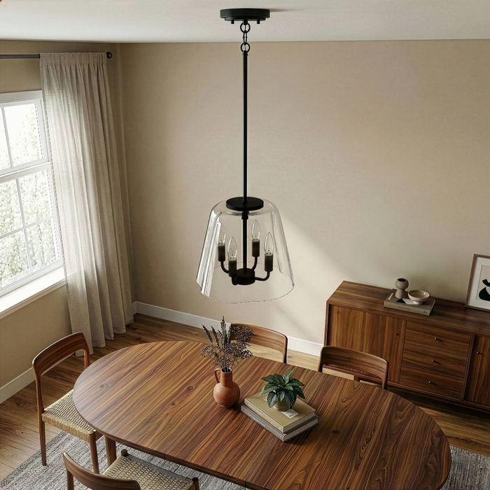 Soiree Four Candle Lights Pendant | Matte Black & Clear Glass