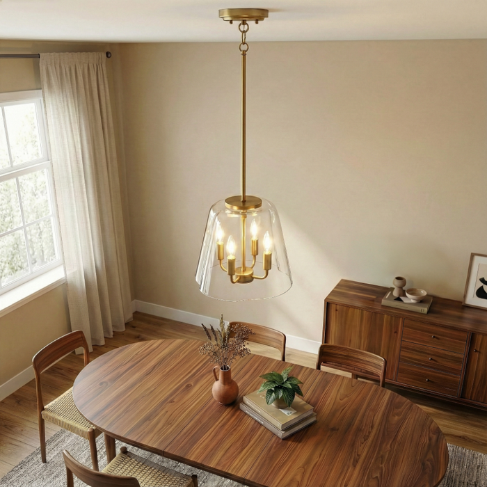 Soiree Four Candle Lights Pendant | Satin Brass & Clear Glass