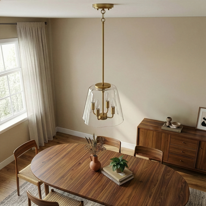 Soiree Four Candle Lights Pendant | Satin Brass & Clear Glass