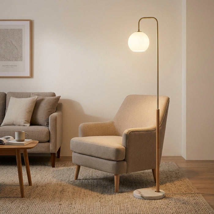 Solaris Floor Lamp | Brushed Gold & White Globe Shade
