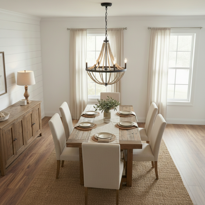 Starry Wood Chandelier | Six-Light Beaded Farmhouse Pendant Lamp