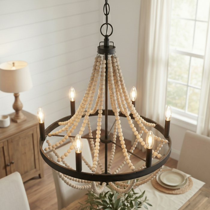 Starry Wood Chandelier | Six-Light Beaded Farmhouse Pendant Lamp