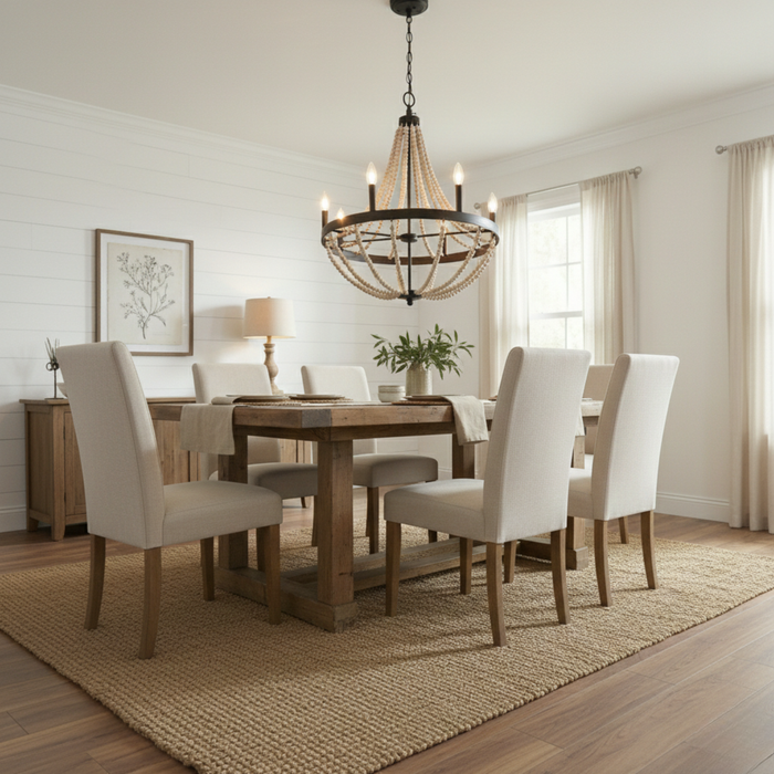 Starry Wood Chandelier | Six-Light Beaded Farmhouse Pendant Lamp