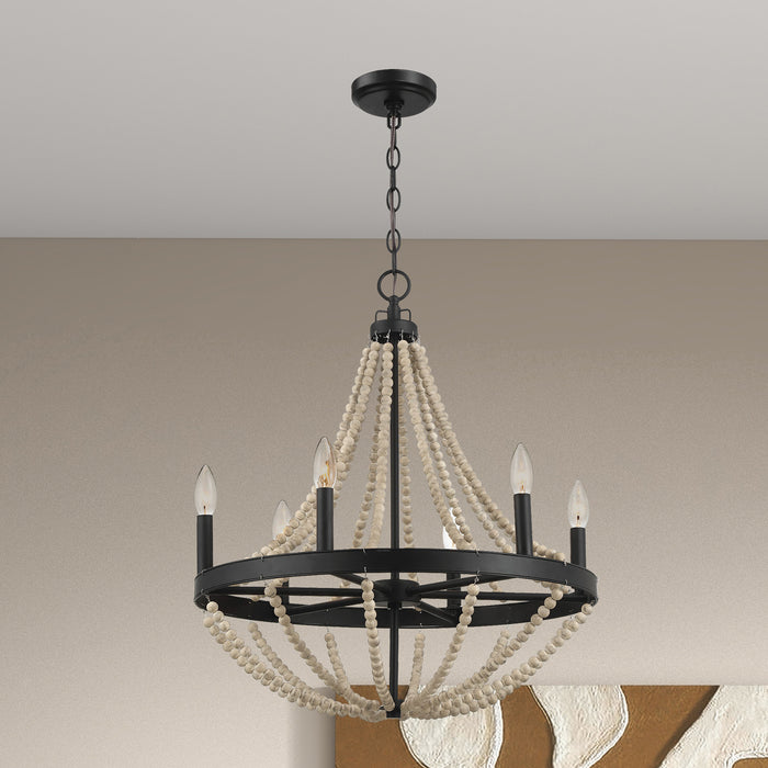 Starry Wood Chandelier Farmhouse Six Candle Light Wood Beaded Black Pendant Light for Dining Room