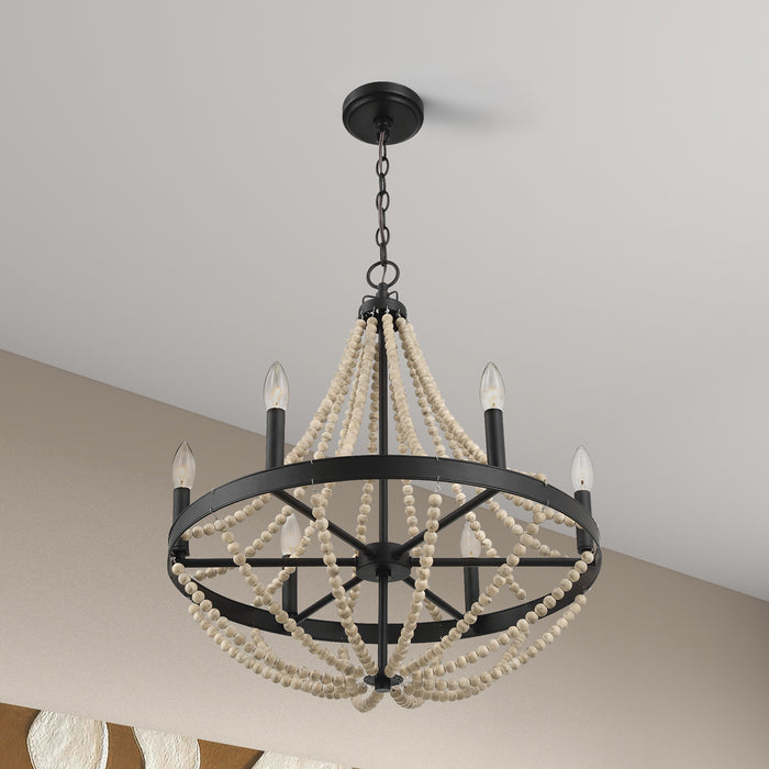 Starry Wood Chandelier Farmhouse Six Candle Light Wood Beaded Black Pendant Light for Dining Room