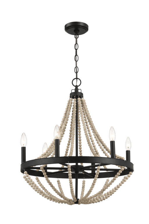 Starry Wood Chandelier Farmhouse Six Candle Light Wood Beaded Black Pendant Light for Dining Room - West Lamp