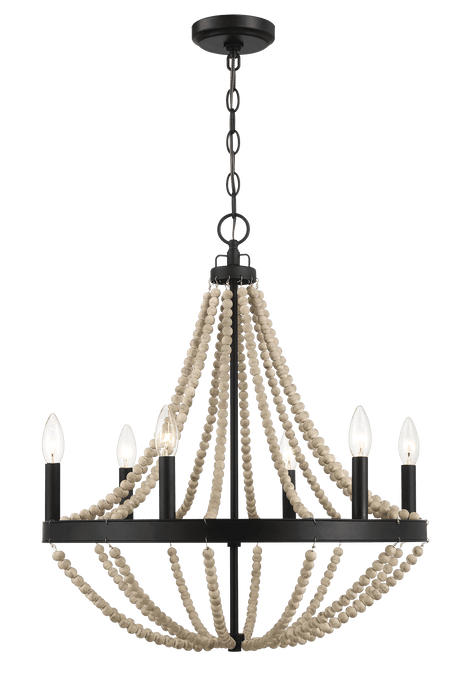 Starry Wood Chandelier Farmhouse Six Candle Light Wood Beaded Black Pendant Light for Dining Room - West Lamp