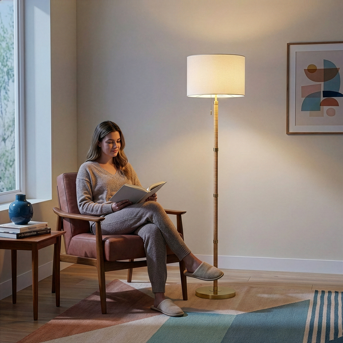Stellar Wood & Rattan Floor Lamp | Gold Brass Accents & White Linen Shade