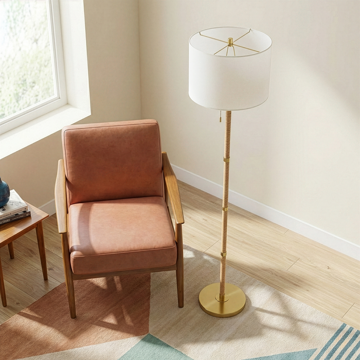 Stellar Wood & Rattan Floor Lamp | Gold Brass Accents & White Linen Shade