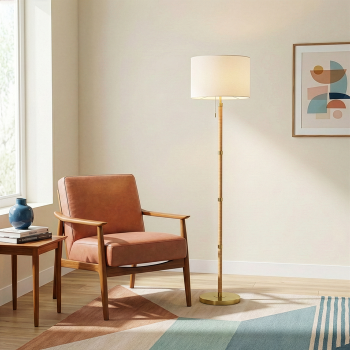 Stellar Wood & Rattan Floor Lamp | Gold Brass Accents & White Linen Shade