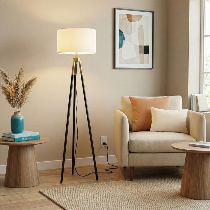 Sway Brassed Gold Floor Lamp | Modern Tripod Design with White Fabric Shade