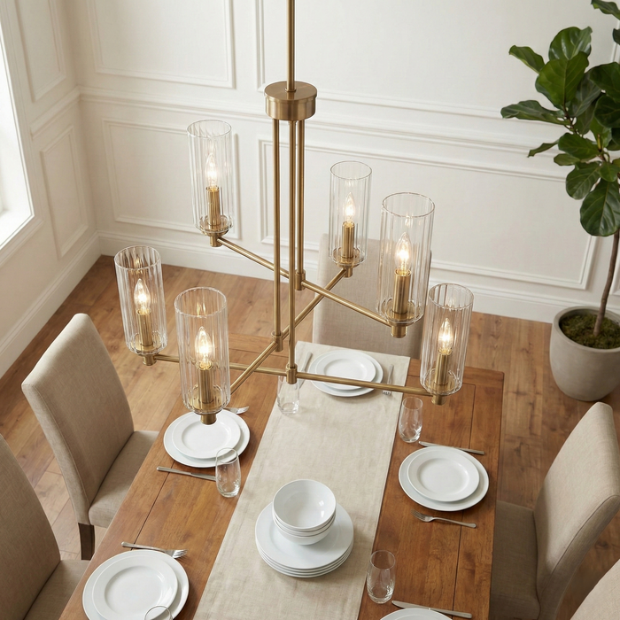 Timeless Six Lights Chandelier | Satin Brass & Clear Ribbed Glass